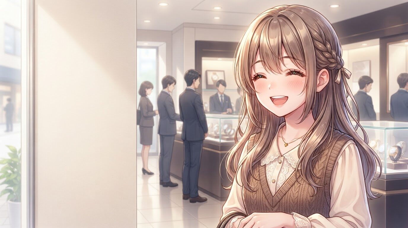 ロレックス正規店の開店前に並ぶ人々のイメージイラスト