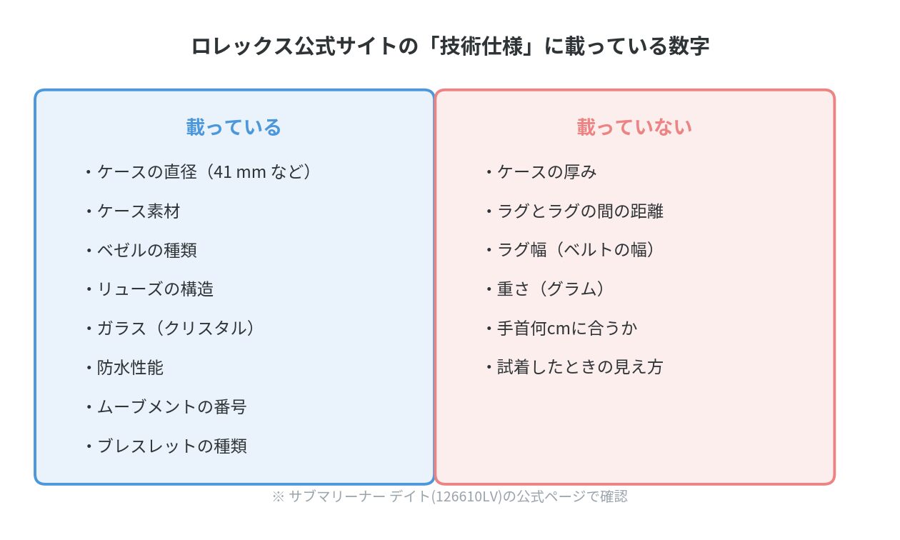 ロレックスのケースサイズについて公式サイトに載っている数字と載っていない数字の比較図