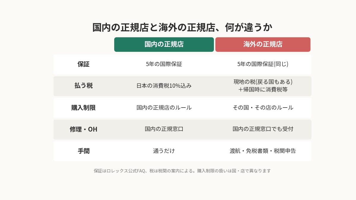ロレックスを国内の正規店で買う場合と海外の正規店で買う場合の比較表