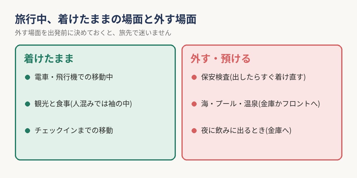 旅行中にロレックスを着けたままの場面と外す場面の線引き